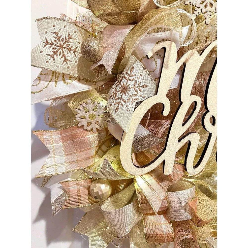 Christmas Snowflake Holiday Ribbon Door Wreath Handmade 22 ins LED W12 Gold Pink